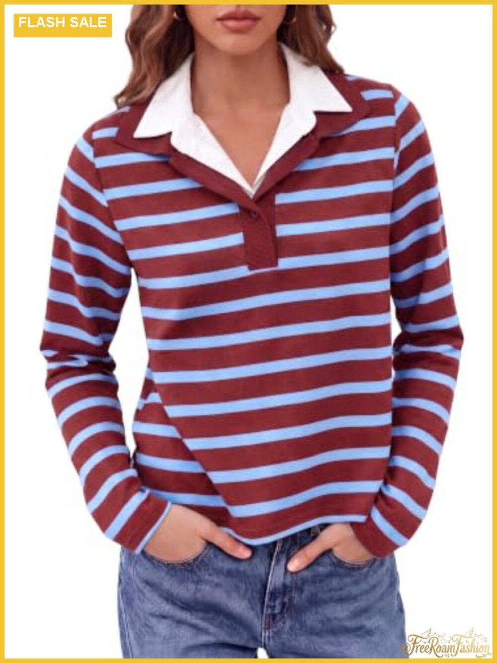 Womens Long Sleeve Striped Polo Shirt Collared Neck Pullover Top
